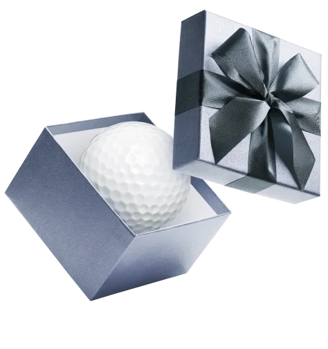 Golf gift voucher idea featuring a golf ball in a luxury gift box at Birchwood Golf Club in Dartford