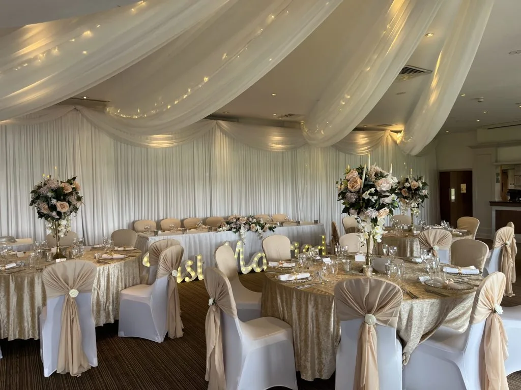 Wedding venue in swanley with ceiling and wall draping