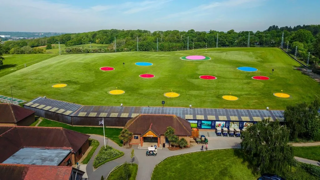 drone shot of the trackman driving range at birchwood park in kent