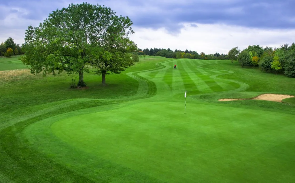 Golf course green showing flag and bunker at Birchwood Park in kent