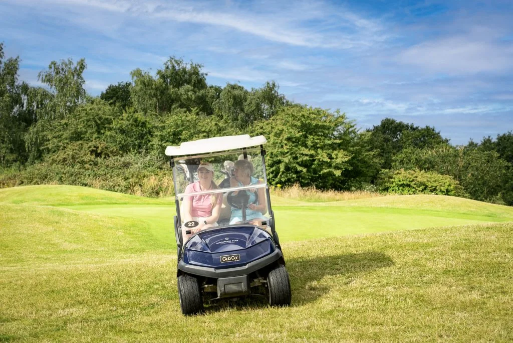 golfers driving buddy away from green